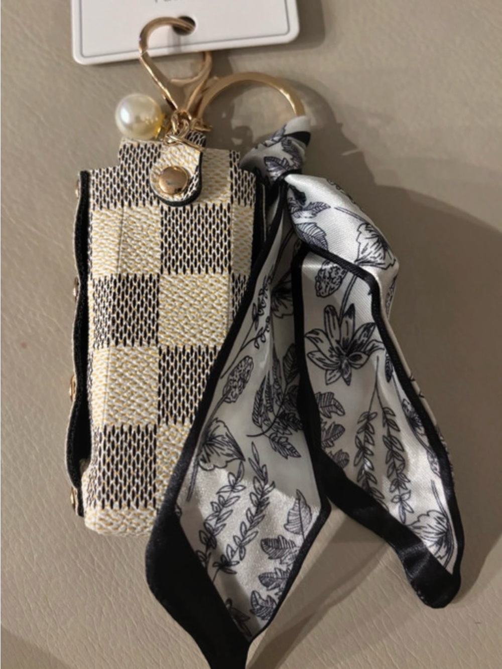 Black & Cream Check Mini Keychain Bag Charm with Floral Scarf